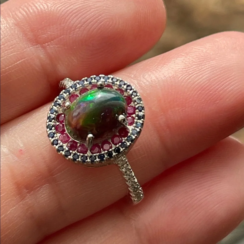 Black Opal, Ruby & Sapphire Ring in 925 Sterling Silver Size 6 CZ Accent - Picture 3 of 10